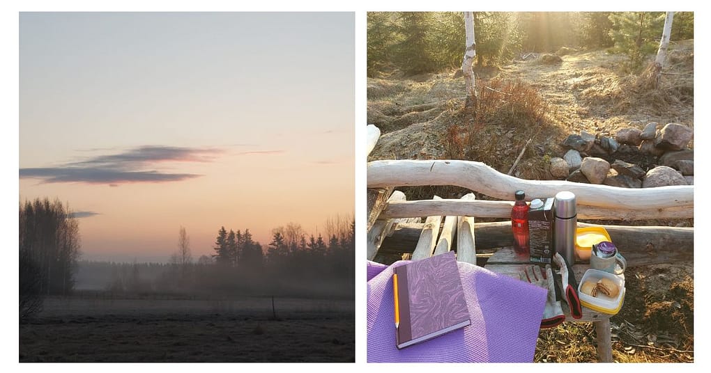 Kuvassa kaksi kuvaa, toisessa auringonnousu usvamaisemassa ja toisessa evästuokio metsässä.