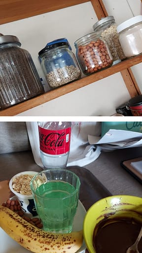 Kuvassa purkkeja joissa pähkinöitä, hiutaleita ja rouhetta ja myös kuva välipalastani.